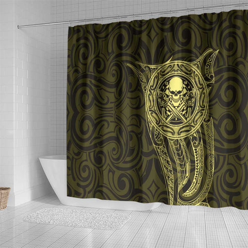 New Zealand Skull Darts Shower Curtain Aotearoa Maori Chest Tattoo Stylized Gold - Aussie Hoodie