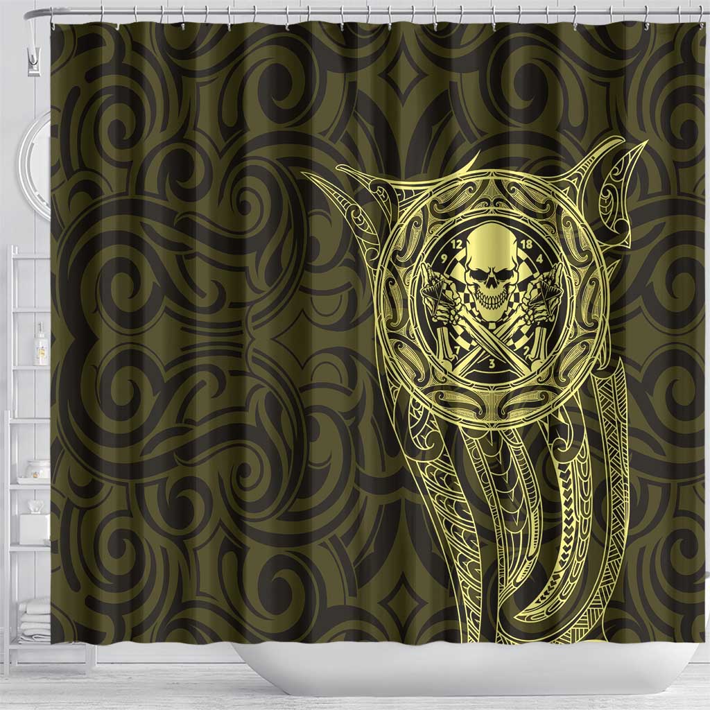 New Zealand Skull Darts Shower Curtain Aotearoa Maori Chest Tattoo Stylized Gold - Aussie Hoodie