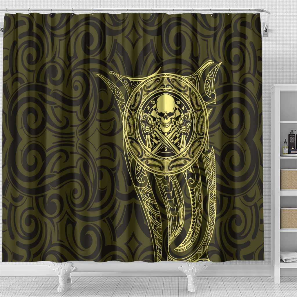 New Zealand Skull Darts Shower Curtain Aotearoa Maori Chest Tattoo Stylized Gold - Aussie Hoodie