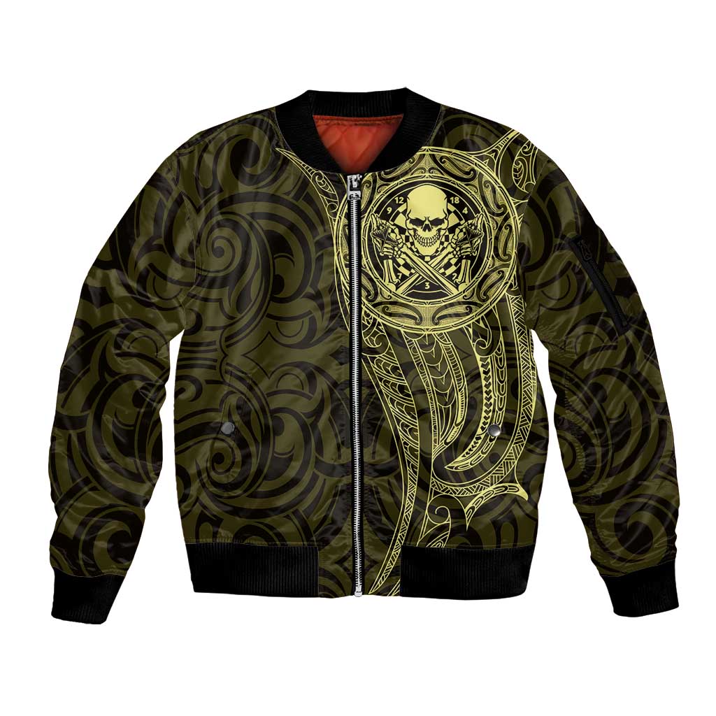 New Zealand Skull Darts Sleeve Zip Bomber Jacket Aotearoa Maori Chest Tattoo Stylized Gold - Aussie Hoodie