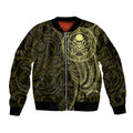 New Zealand Skull Darts Sleeve Zip Bomber Jacket Aotearoa Maori Chest Tattoo Stylized Gold - Aussie Hoodie
