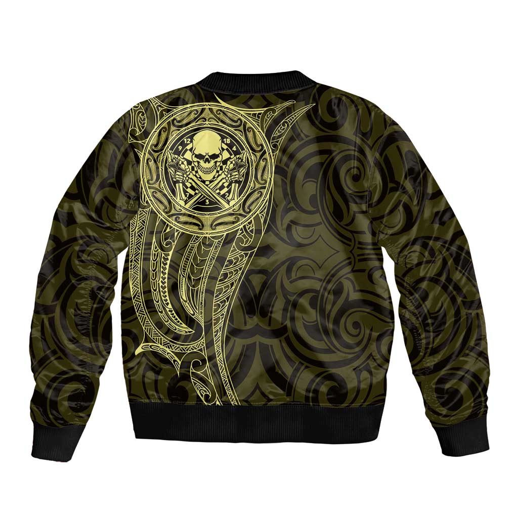 New Zealand Skull Darts Sleeve Zip Bomber Jacket Aotearoa Maori Chest Tattoo Stylized Gold - Aussie Hoodie