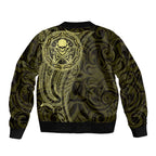 New Zealand Skull Darts Sleeve Zip Bomber Jacket Aotearoa Maori Chest Tattoo Stylized Gold - Aussie Hoodie