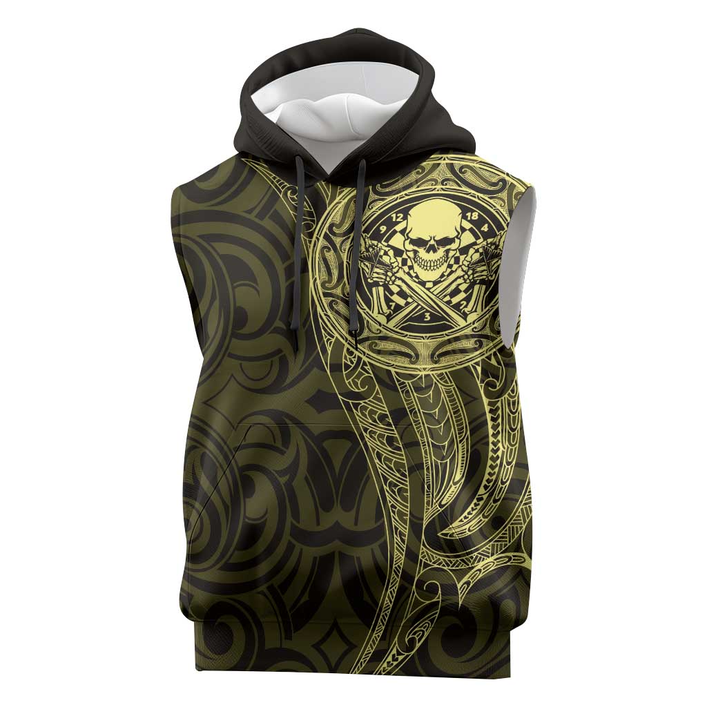 New Zealand Skull Darts Sleeveless Hoodie Aotearoa Maori Chest Tattoo Stylized Gold - Aussie Hoodie