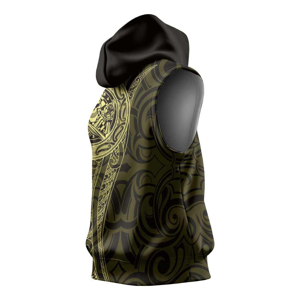 New Zealand Skull Darts Sleeveless Hoodie Aotearoa Maori Chest Tattoo Stylized Gold - Aussie Hoodie