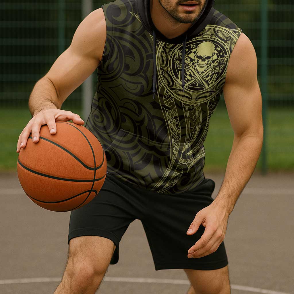 New Zealand Skull Darts Sleeveless Hoodie Aotearoa Maori Chest Tattoo Stylized Gold - Aussie Hoodie