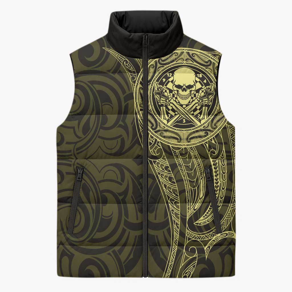 New Zealand Skull Darts Sleeveless Puffer Jacket Aotearoa Maori Chest Tattoo Stylized Gold - Aussie Hoodie