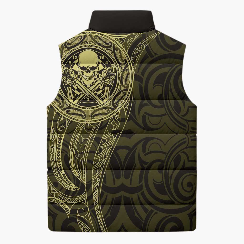 New Zealand Skull Darts Sleeveless Puffer Jacket Aotearoa Maori Chest Tattoo Stylized Gold - Aussie Hoodie