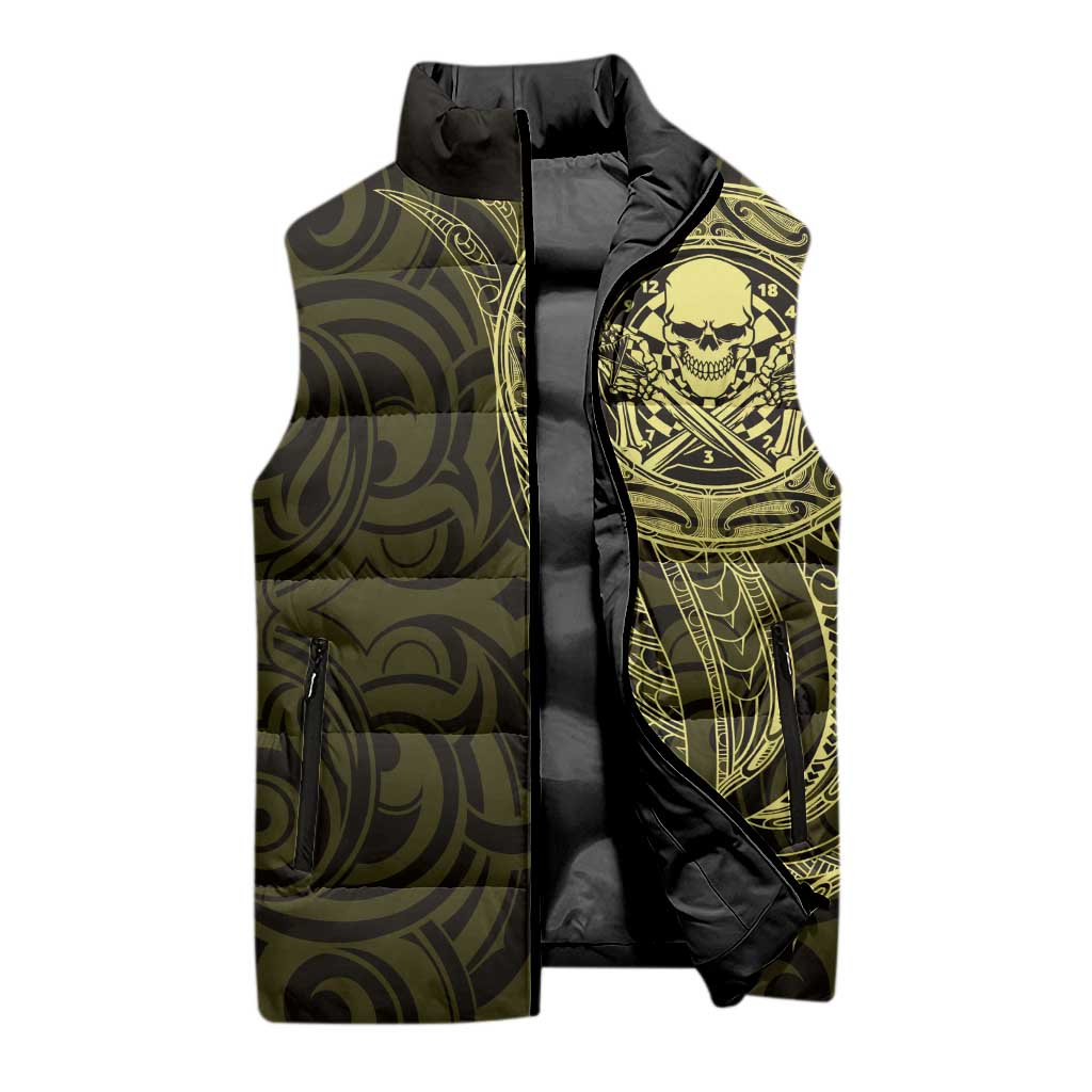 New Zealand Skull Darts Sleeveless Puffer Jacket Aotearoa Maori Chest Tattoo Stylized Gold - Aussie Hoodie