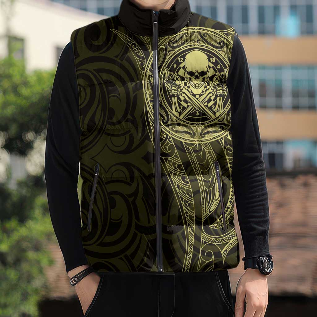 New Zealand Skull Darts Sleeveless Puffer Jacket Aotearoa Maori Chest Tattoo Stylized Gold - Aussie Hoodie