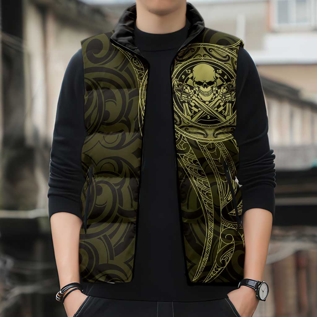 New Zealand Skull Darts Sleeveless Puffer Jacket Aotearoa Maori Chest Tattoo Stylized Gold - Aussie Hoodie