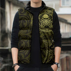 New Zealand Skull Darts Sleeveless Puffer Jacket Aotearoa Maori Chest Tattoo Stylized Gold - Aussie Hoodie