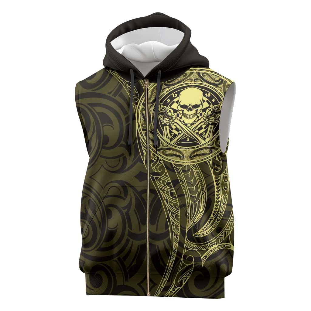 New Zealand Skull Darts Sleeveless Zip Hoodie Aotearoa Maori Chest Tattoo Stylized Gold - Aussie Hoodie