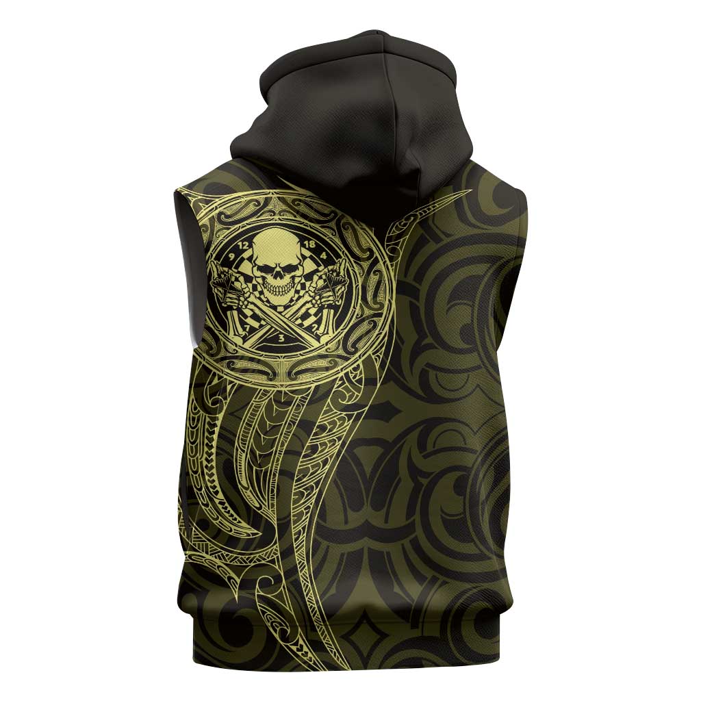 New Zealand Skull Darts Sleeveless Zip Hoodie Aotearoa Maori Chest Tattoo Stylized Gold - Aussie Hoodie