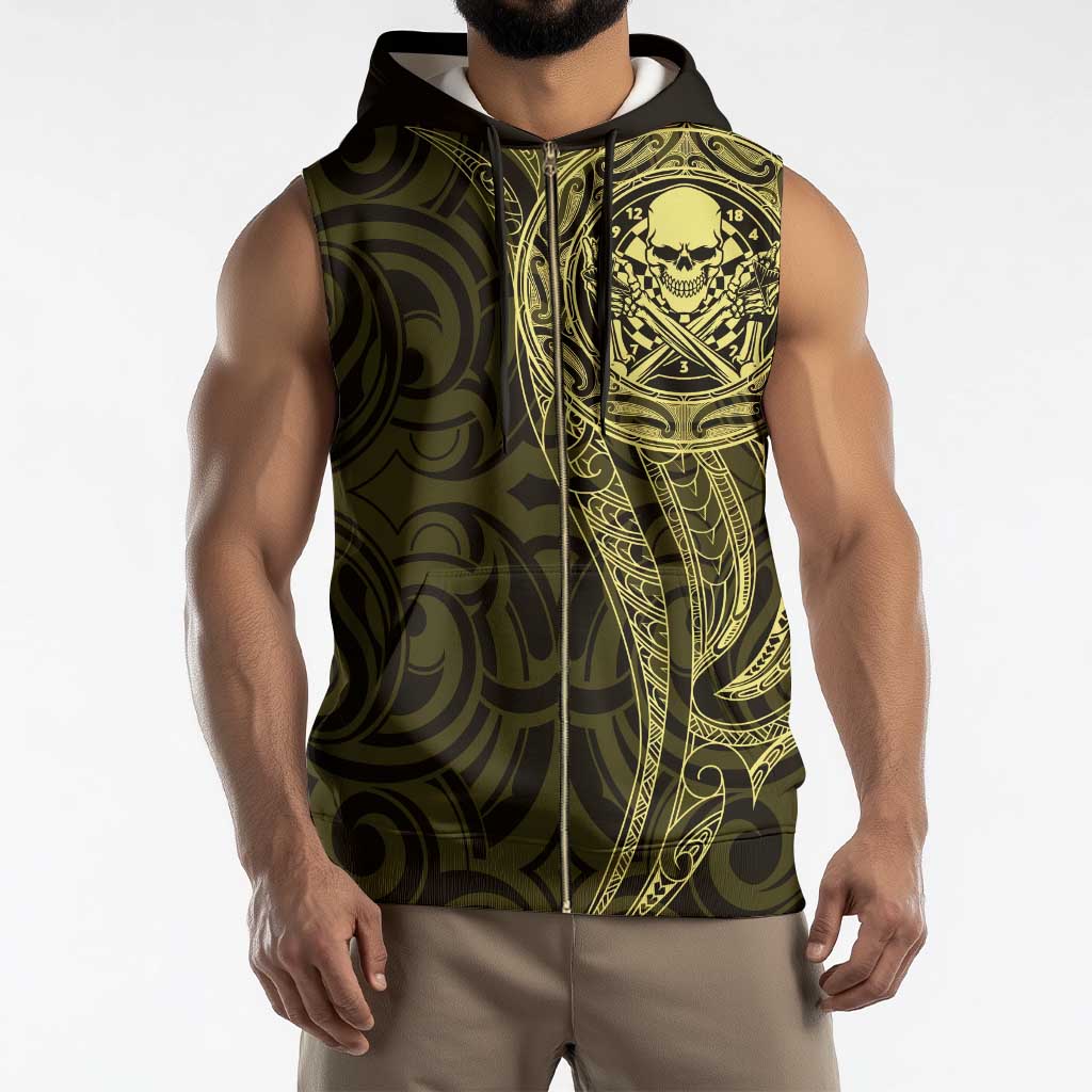 New Zealand Skull Darts Sleeveless Zip Hoodie Aotearoa Maori Chest Tattoo Stylized Gold - Aussie Hoodie