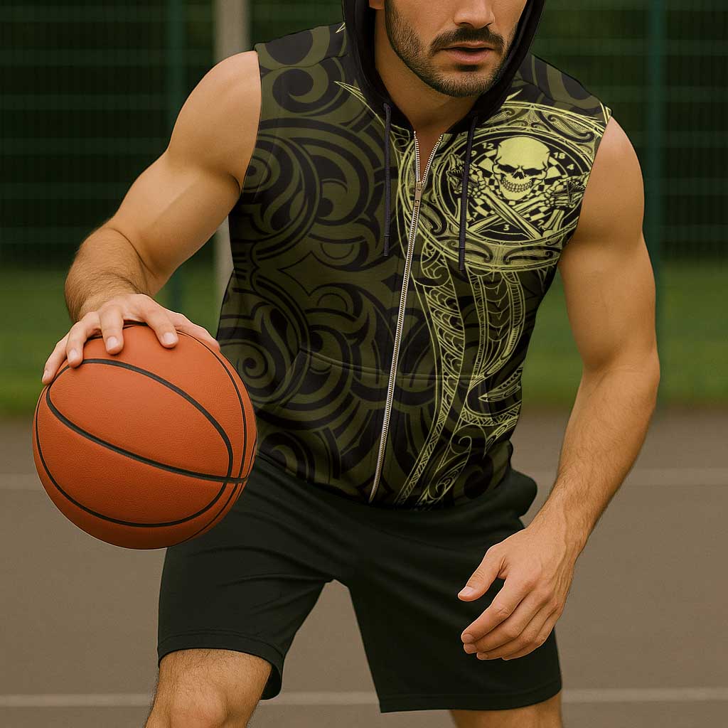 New Zealand Skull Darts Sleeveless Zip Hoodie Aotearoa Maori Chest Tattoo Stylized Gold - Aussie Hoodie