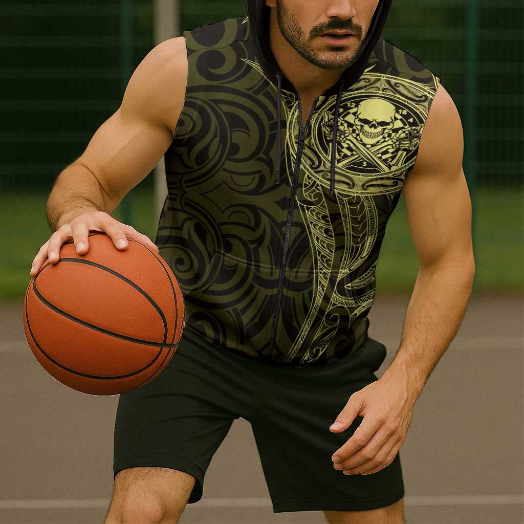 New Zealand Skull Darts Sleeveless Zip Hoodie Aotearoa Maori Chest Tattoo Stylized Gold LT14