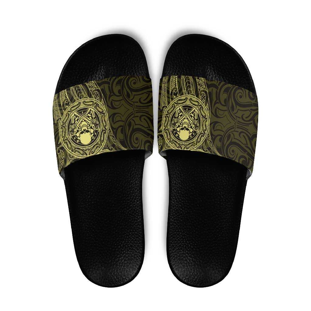 New Zealand Skull Darts Slide Sandals Aotearoa Maori Chest Tattoo Stylized Gold - Aussie Hoodie