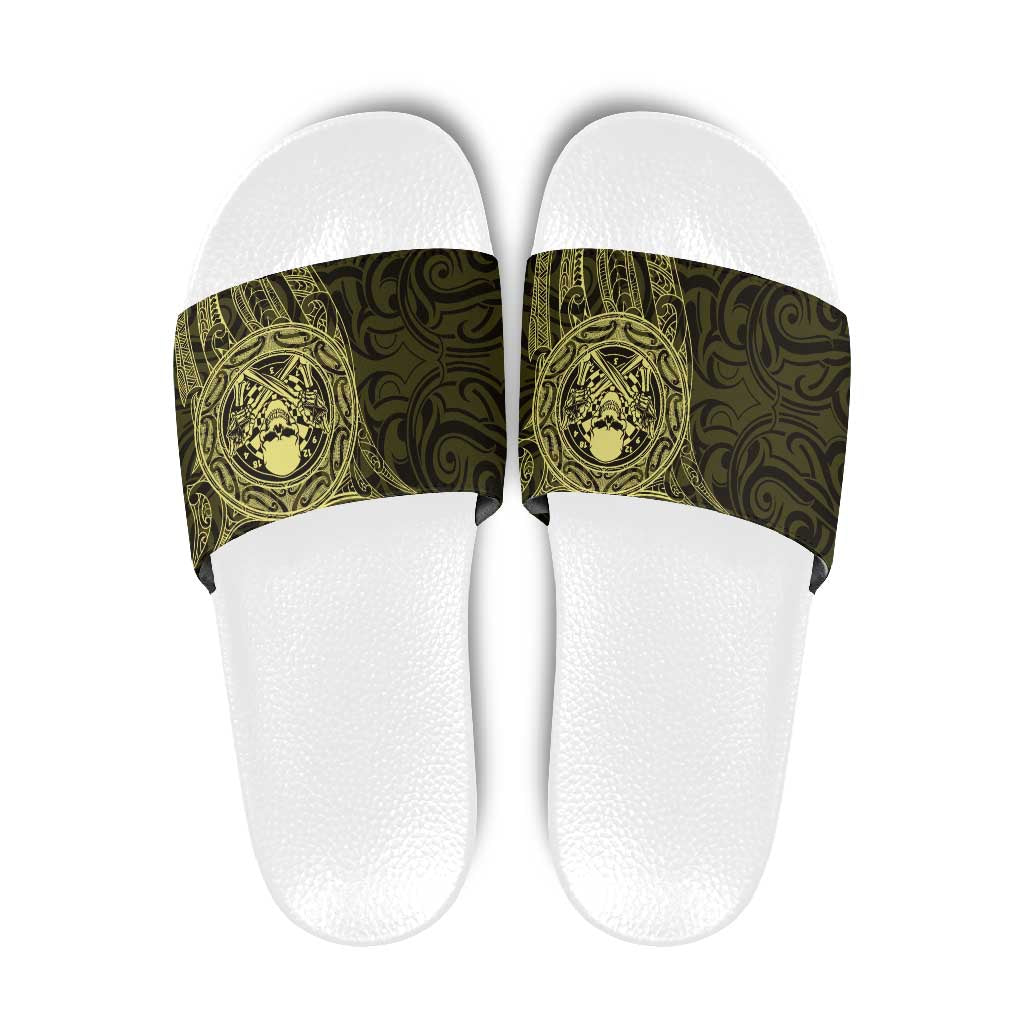 New Zealand Skull Darts Slide Sandals Aotearoa Maori Chest Tattoo Stylized Gold - Aussie Hoodie