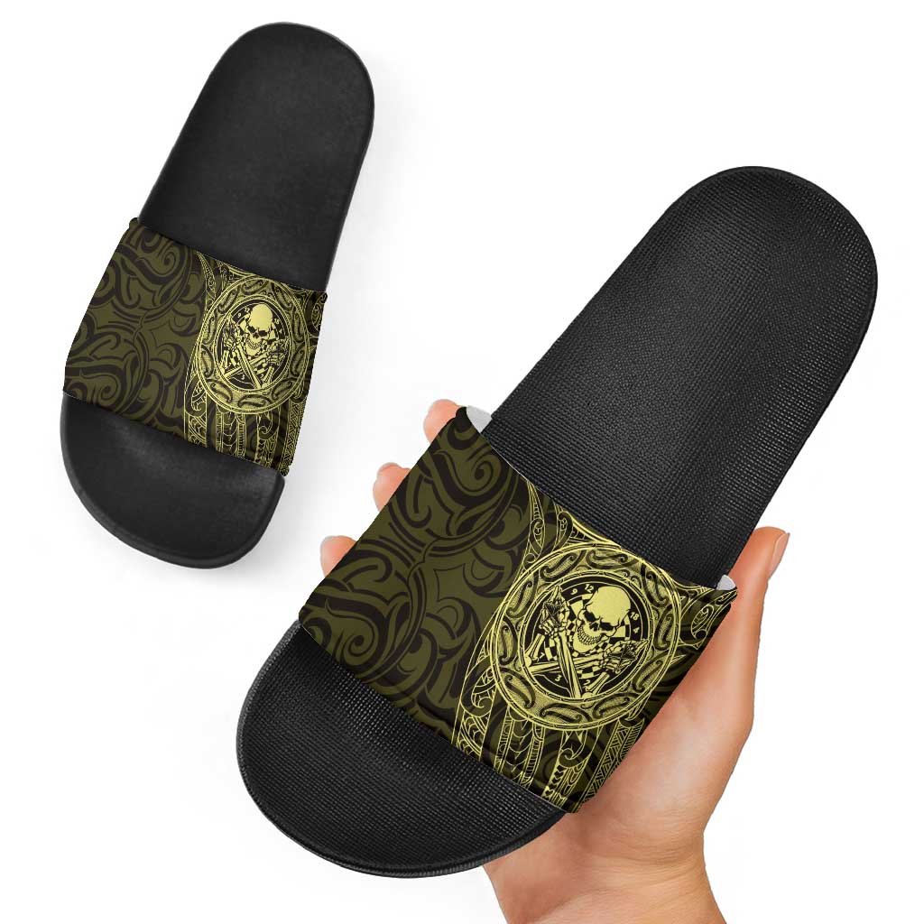 New Zealand Skull Darts Slide Sandals Aotearoa Maori Chest Tattoo Stylized Gold - Aussie Hoodie