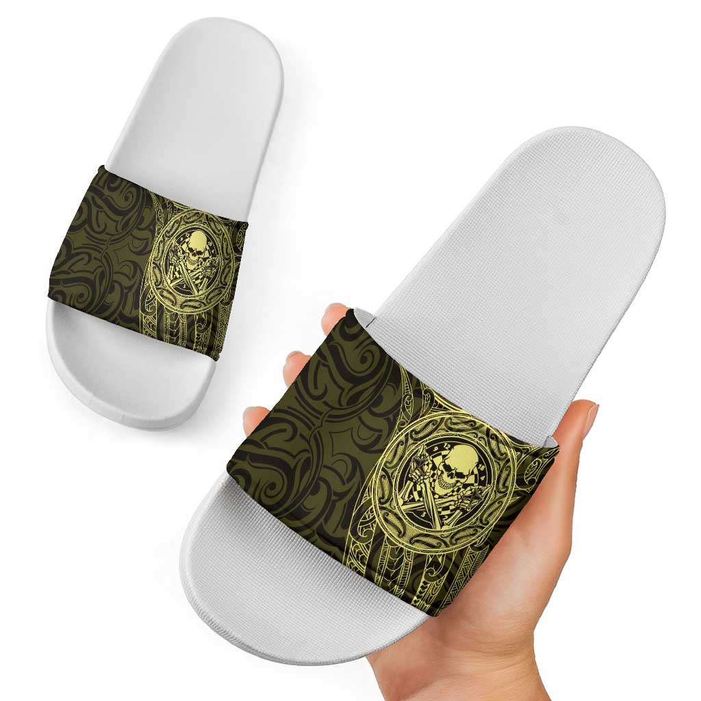 New Zealand Skull Darts Slide Sandals Aotearoa Maori Chest Tattoo Stylized Gold - Aussie Hoodie