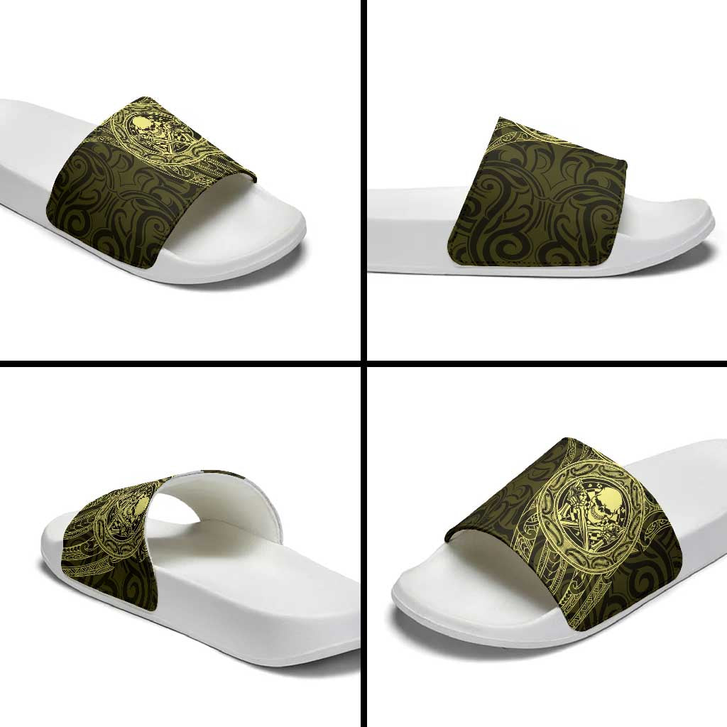 New Zealand Skull Darts Slide Sandals Aotearoa Maori Chest Tattoo Stylized Gold - Aussie Hoodie