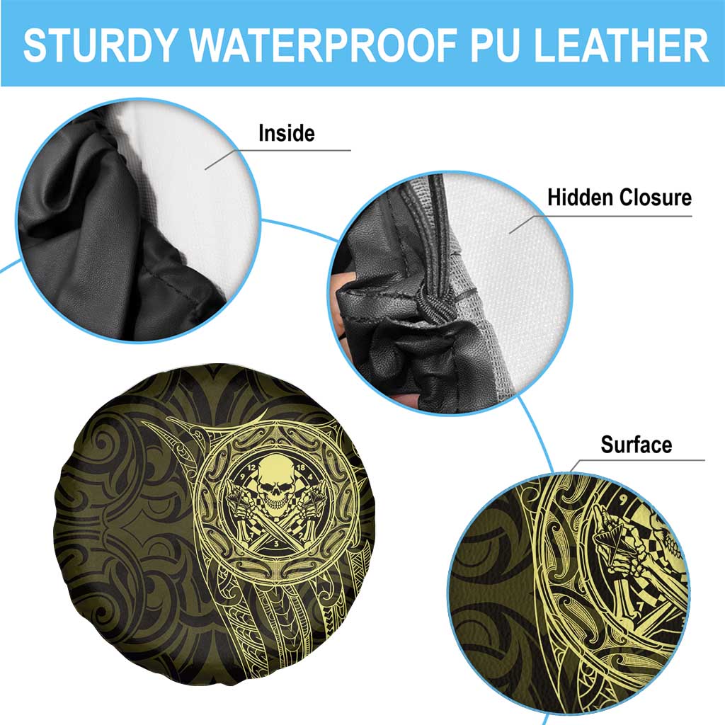 New Zealand Skull Darts Spare Tire Cover Aotearoa Maori Chest Tattoo Stylized Gold - Aussie Hoodie