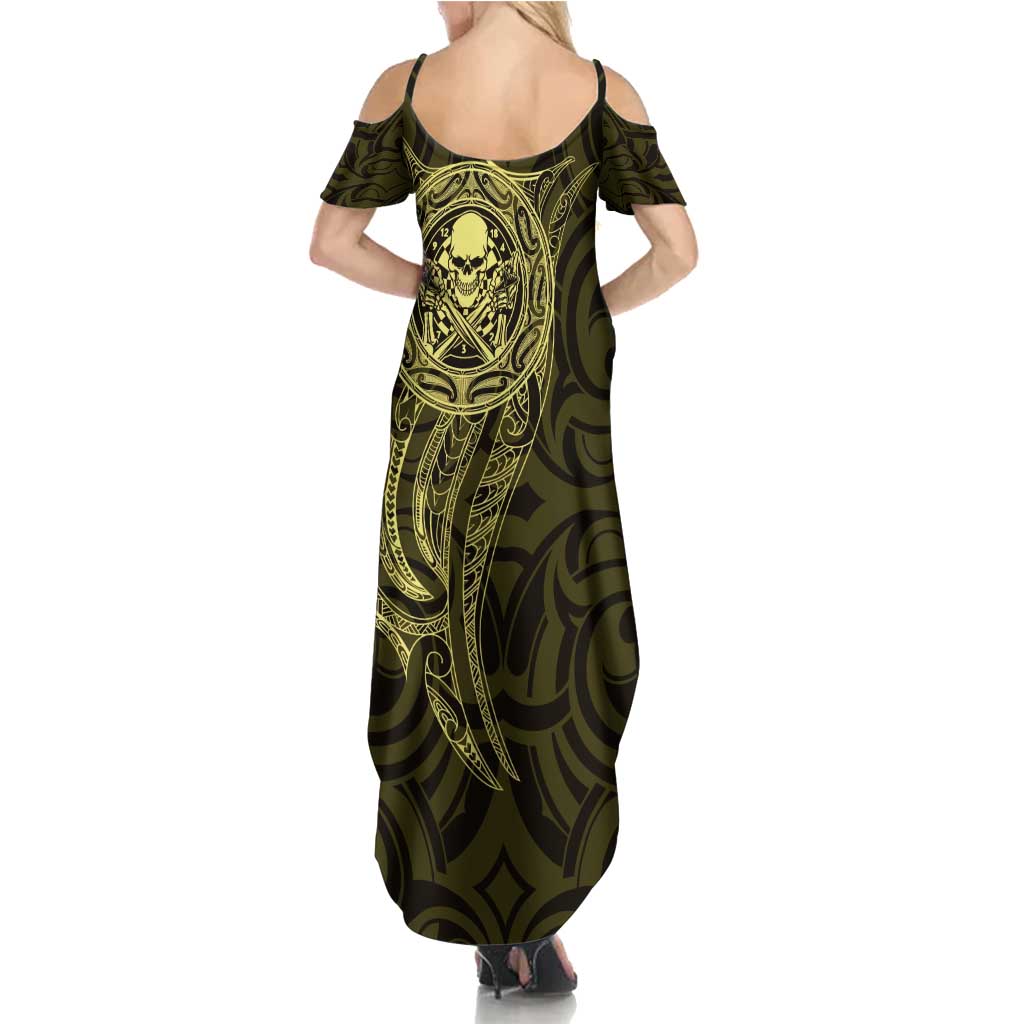 New Zealand Skull Darts Summer Maxi Dress Aotearoa Maori Chest Tattoo Stylized Gold - Aussie Hoodie
