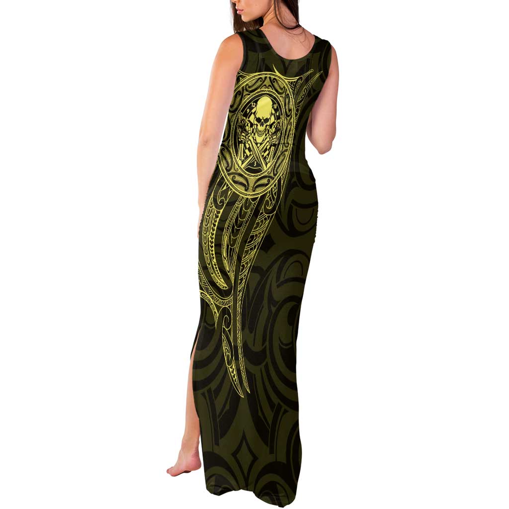 New Zealand Skull Darts Tank Maxi Dress Aotearoa Maori Chest Tattoo Stylized Gold - Aussie Hoodie