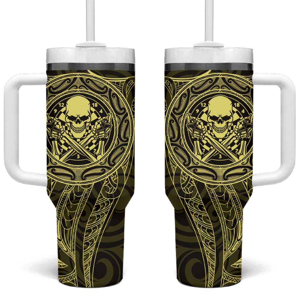 New Zealand Skull Darts Tumbler With Handle Aotearoa Maori Chest Tattoo Stylized Gold - Aussie Hoodie