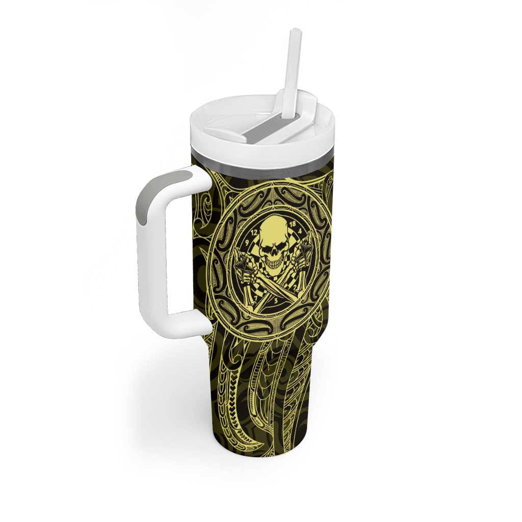 New Zealand Skull Darts Tumbler With Handle Aotearoa Maori Chest Tattoo Stylized Gold - Aussie Hoodie