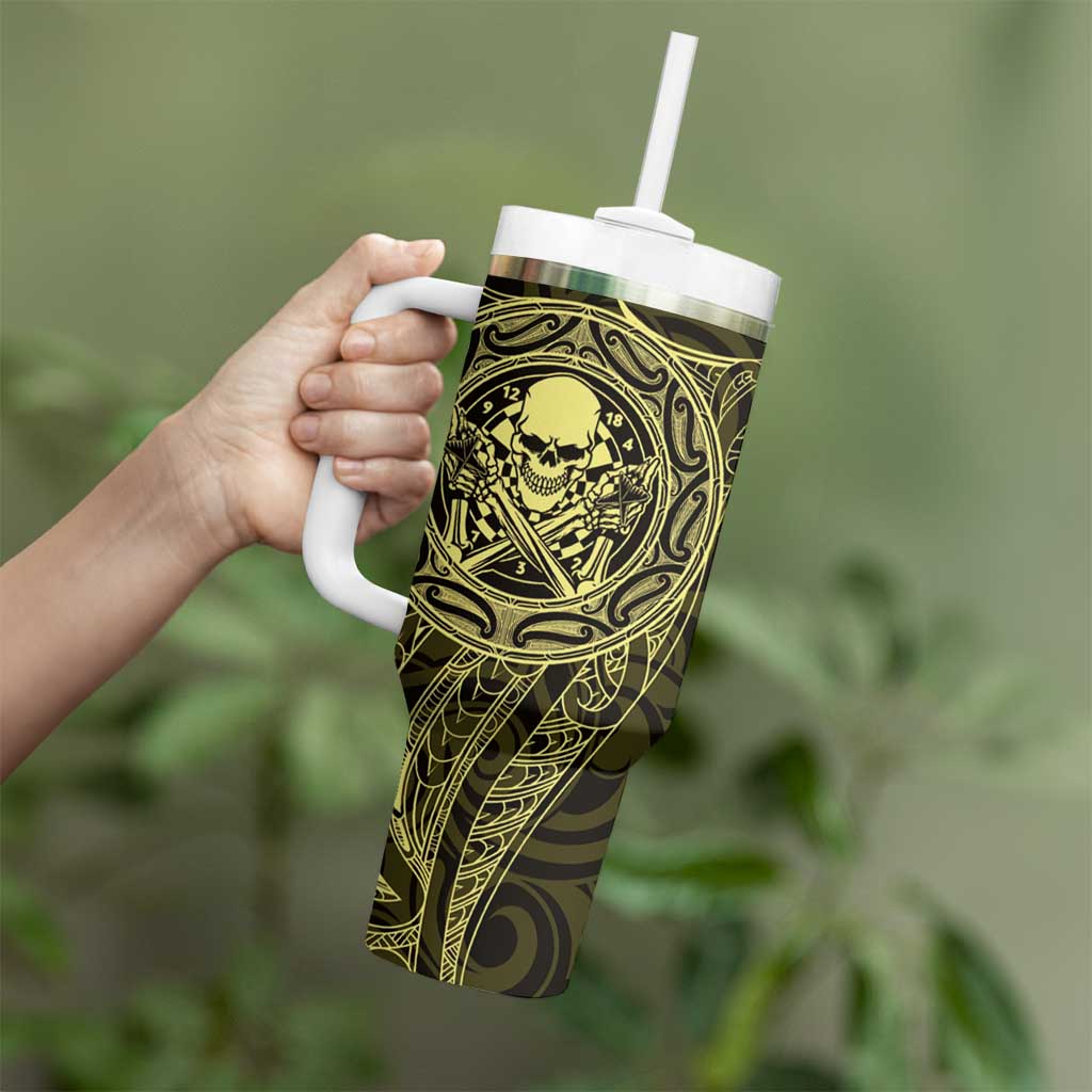 New Zealand Skull Darts Tumbler With Handle Aotearoa Maori Chest Tattoo Stylized Gold - Aussie Hoodie