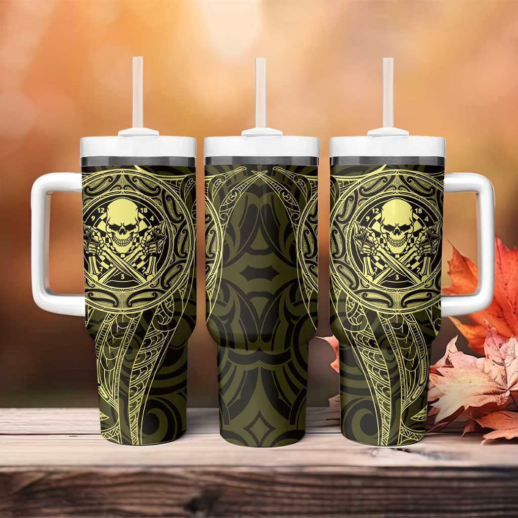 New Zealand Skull Darts Tumbler With Handle Aotearoa Maori Chest Tattoo Stylized Gold - Aussie Hoodie