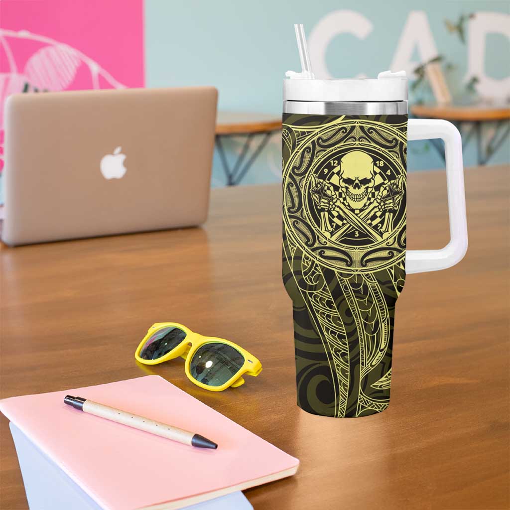 New Zealand Skull Darts Tumbler With Handle Aotearoa Maori Chest Tattoo Stylized Gold - Aussie Hoodie