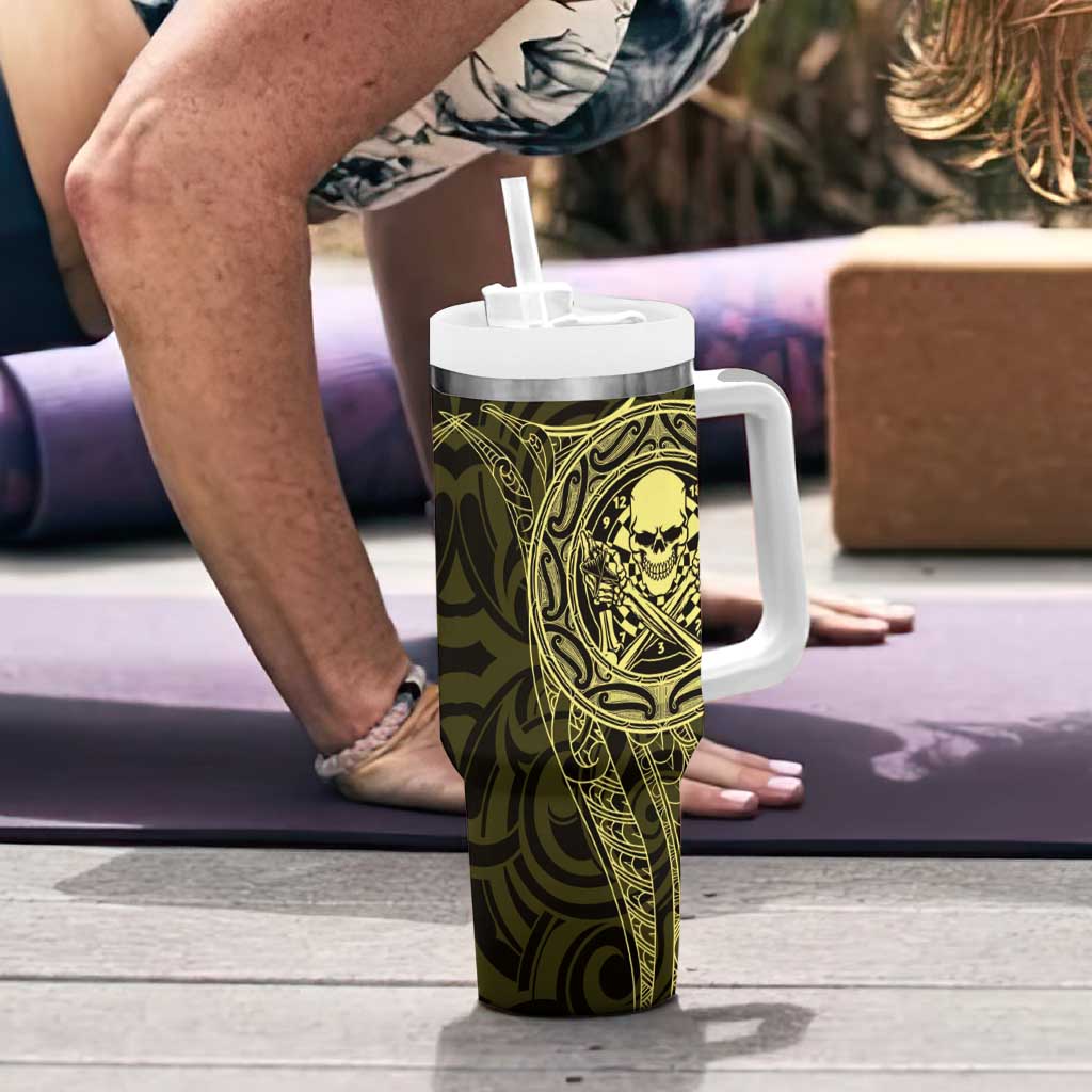 New Zealand Skull Darts Tumbler With Handle Aotearoa Maori Chest Tattoo Stylized Gold - Aussie Hoodie