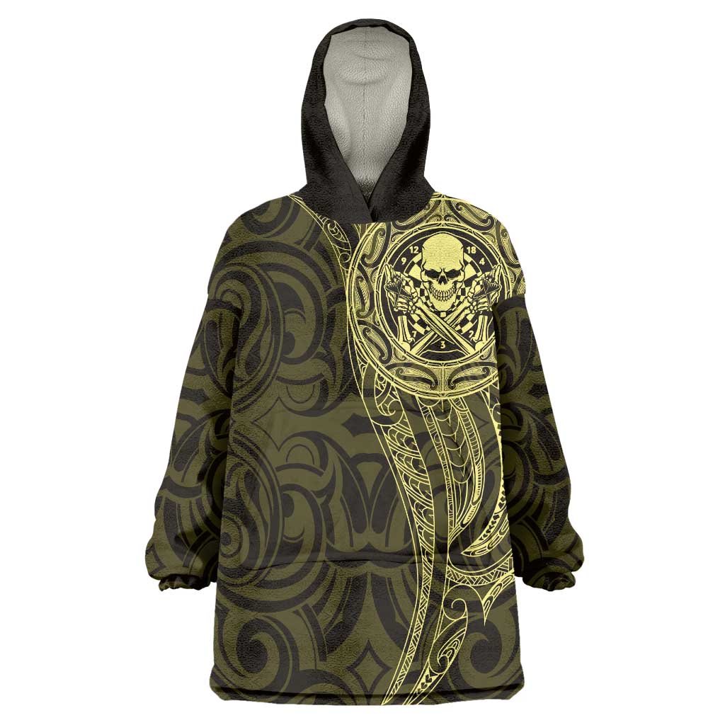 New Zealand Skull Darts Wearable Blanket Hoodie Aotearoa Maori Chest Tattoo Stylized Gold - Aussie Hoodie