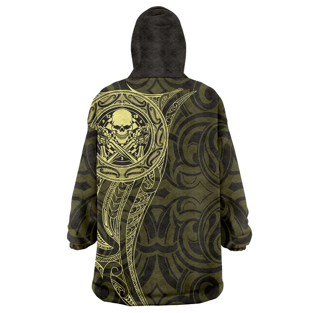 New Zealand Skull Darts Wearable Blanket Hoodie Aotearoa Maori Chest Tattoo Stylized Gold - Aussie Hoodie
