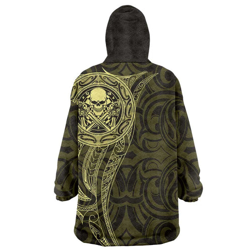 New Zealand Skull Darts Wearable Blanket Hoodie Aotearoa Maori Chest Tattoo Stylized Gold - Aussie Hoodie