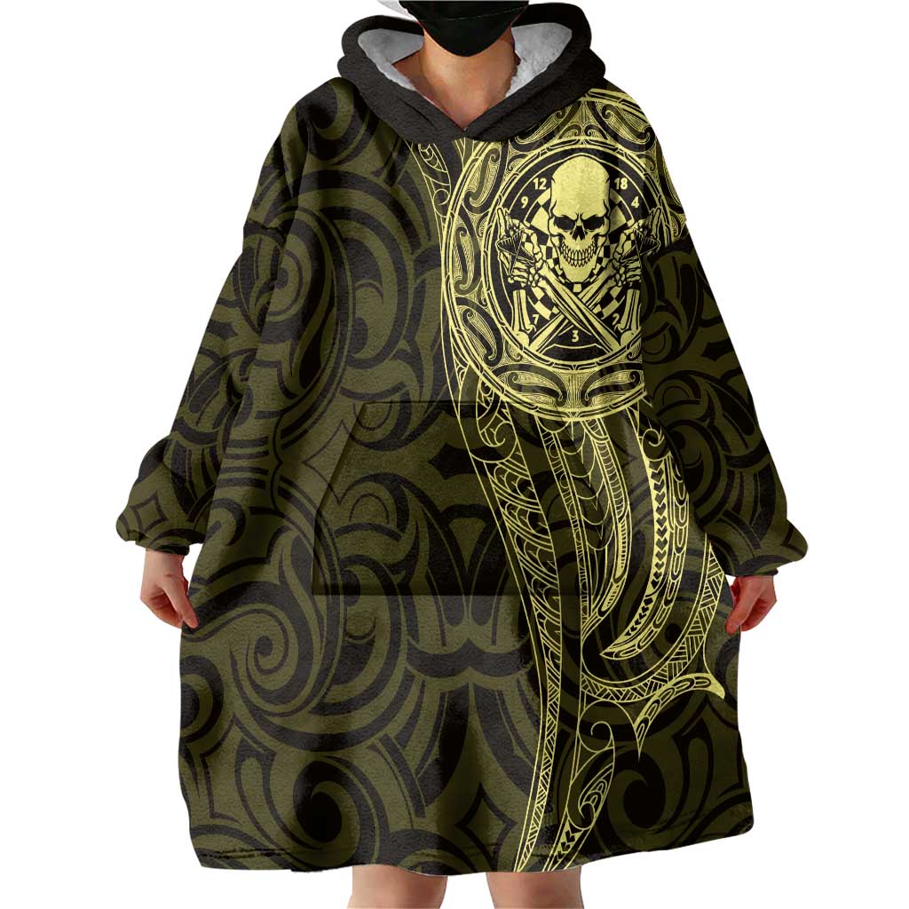 New Zealand Skull Darts Wearable Blanket Hoodie Aotearoa Maori Chest Tattoo Stylized Gold - Aussie Hoodie