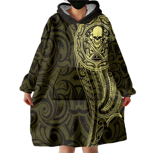 New Zealand Skull Darts Wearable Blanket Hoodie Aotearoa Maori Chest Tattoo Stylized Gold - Aussie Hoodie