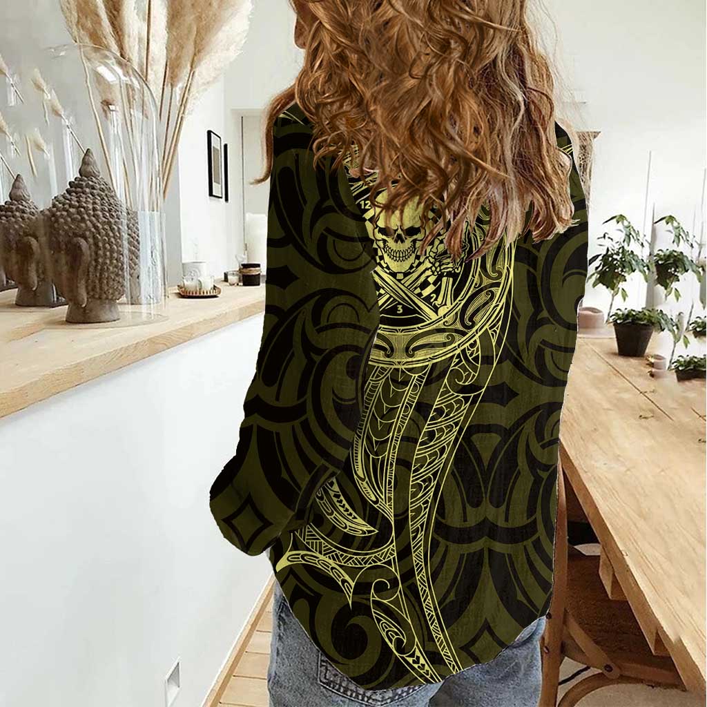 New Zealand Skull Darts Women Casual Shirt Aotearoa Maori Chest Tattoo Stylized Gold - Aussie Hoodie