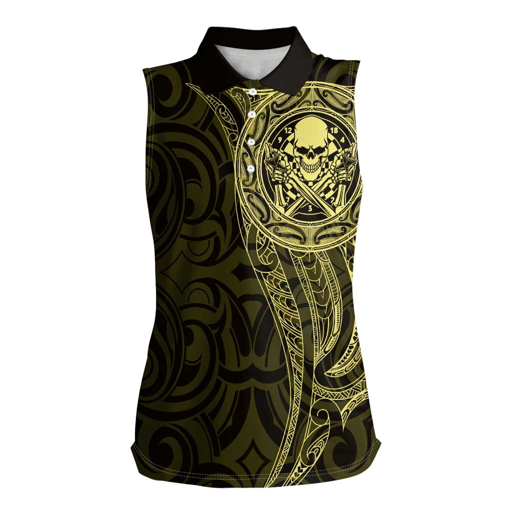 New Zealand Skull Darts Women Sleeveless Polo Shirt Aotearoa Maori Chest Tattoo Stylized Gold - Aussie Hoodie