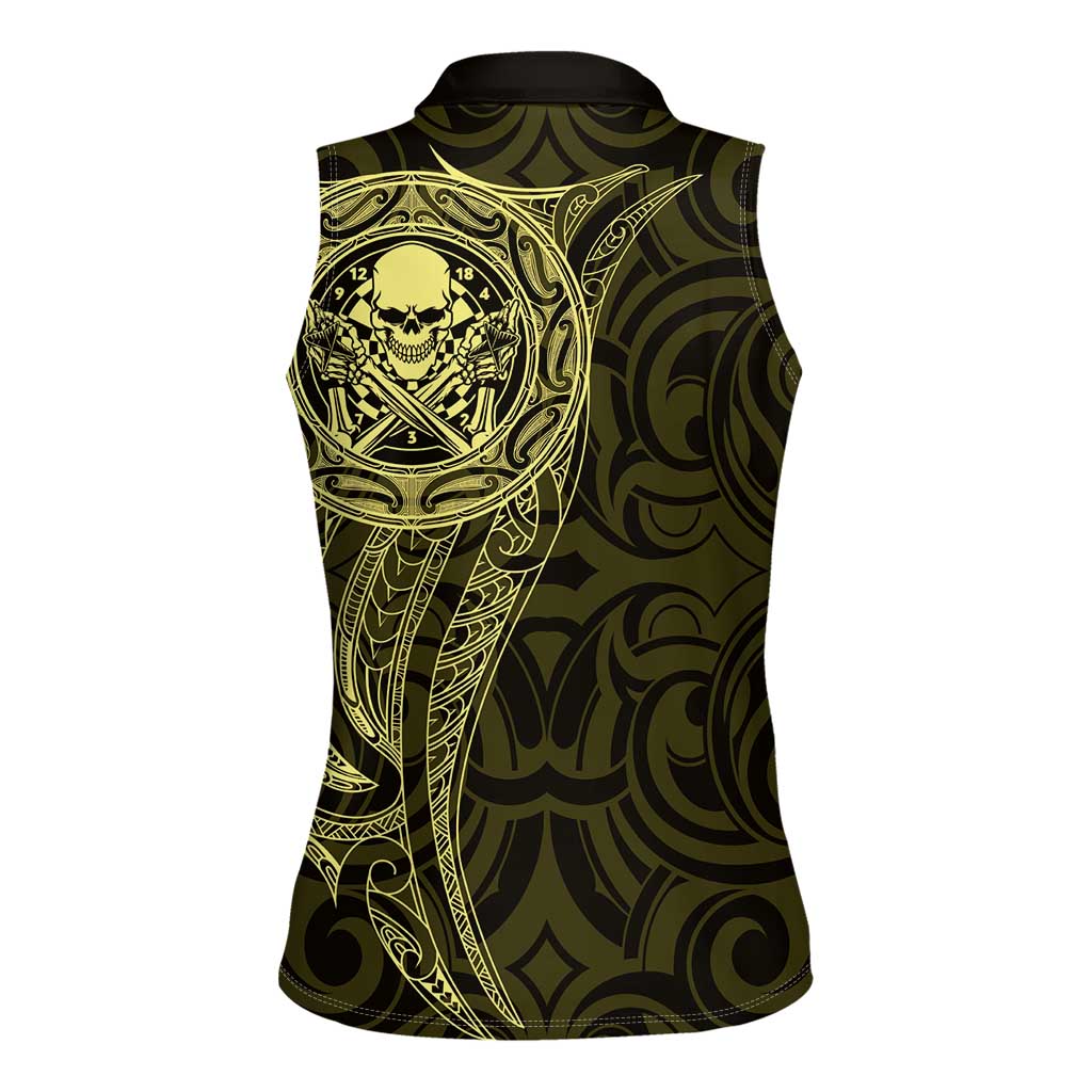 New Zealand Skull Darts Women Sleeveless Polo Shirt Aotearoa Maori Chest Tattoo Stylized Gold - Aussie Hoodie
