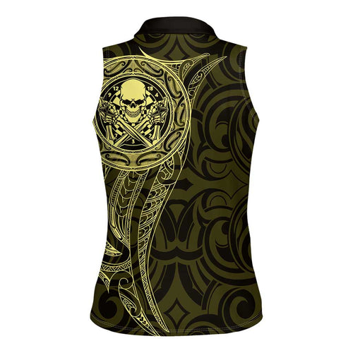 New Zealand Skull Darts Women Sleeveless Polo Shirt Aotearoa Maori Chest Tattoo Stylized Gold - Aussie Hoodie