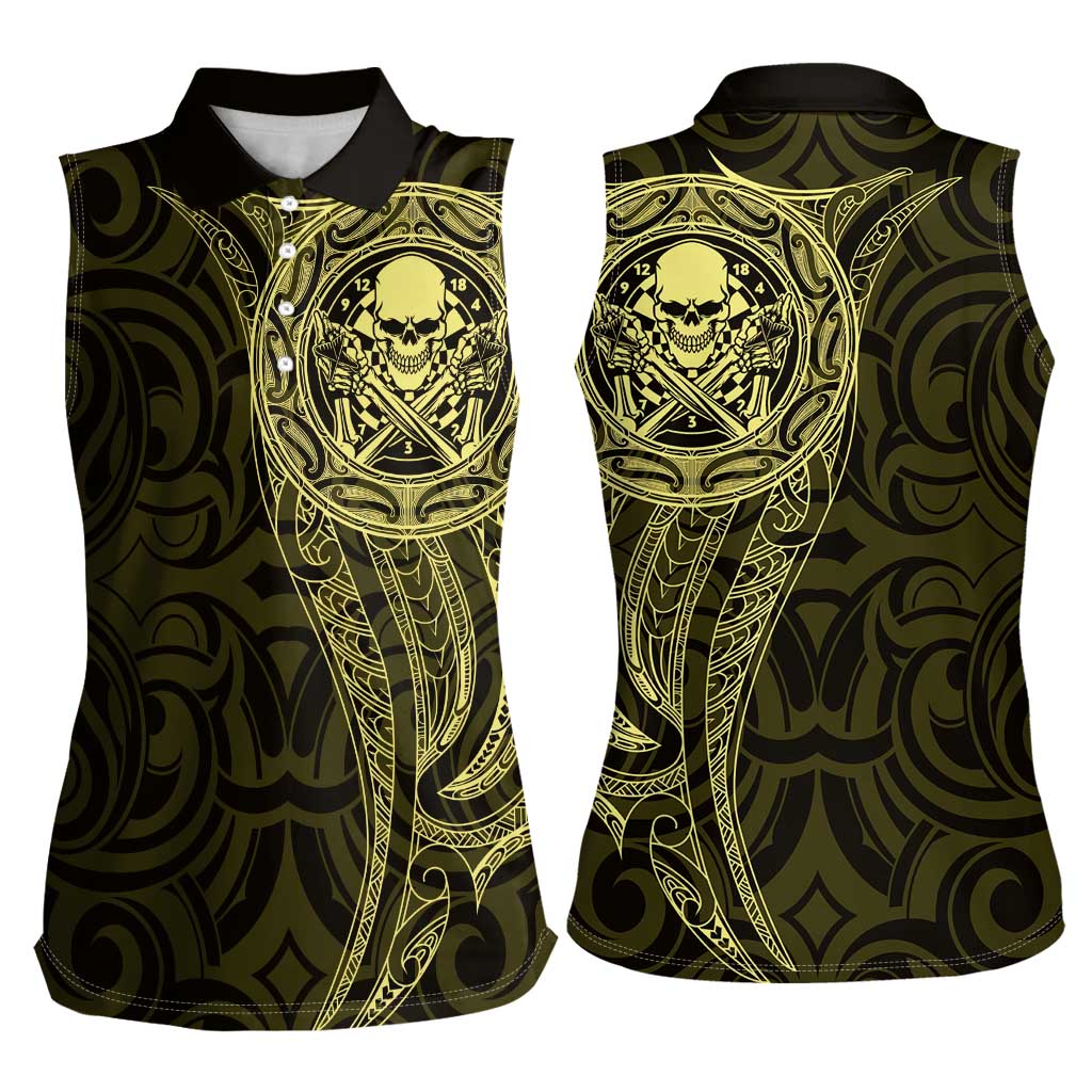 New Zealand Skull Darts Women Sleeveless Polo Shirt Aotearoa Maori Chest Tattoo Stylized Gold - Aussie Hoodie