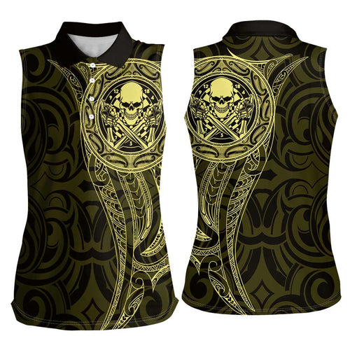 New Zealand Skull Darts Women Sleeveless Polo Shirt Aotearoa Maori Chest Tattoo Stylized Gold - Aussie Hoodie