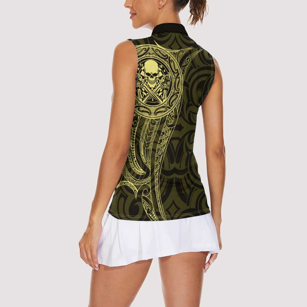 New Zealand Skull Darts Women Sleeveless Polo Shirt Aotearoa Maori Chest Tattoo Stylized Gold - Aussie Hoodie