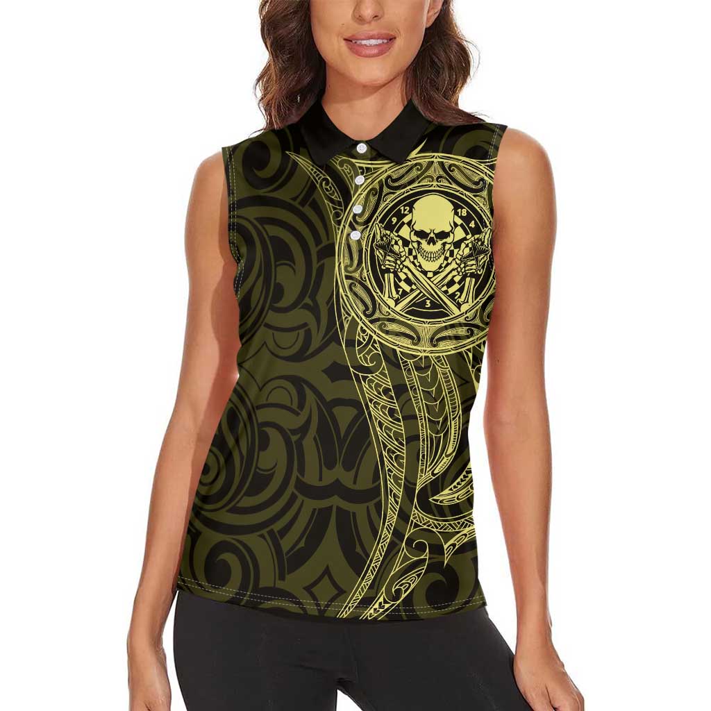 New Zealand Skull Darts Women Sleeveless Polo Shirt Aotearoa Maori Chest Tattoo Stylized Gold - Aussie Hoodie
