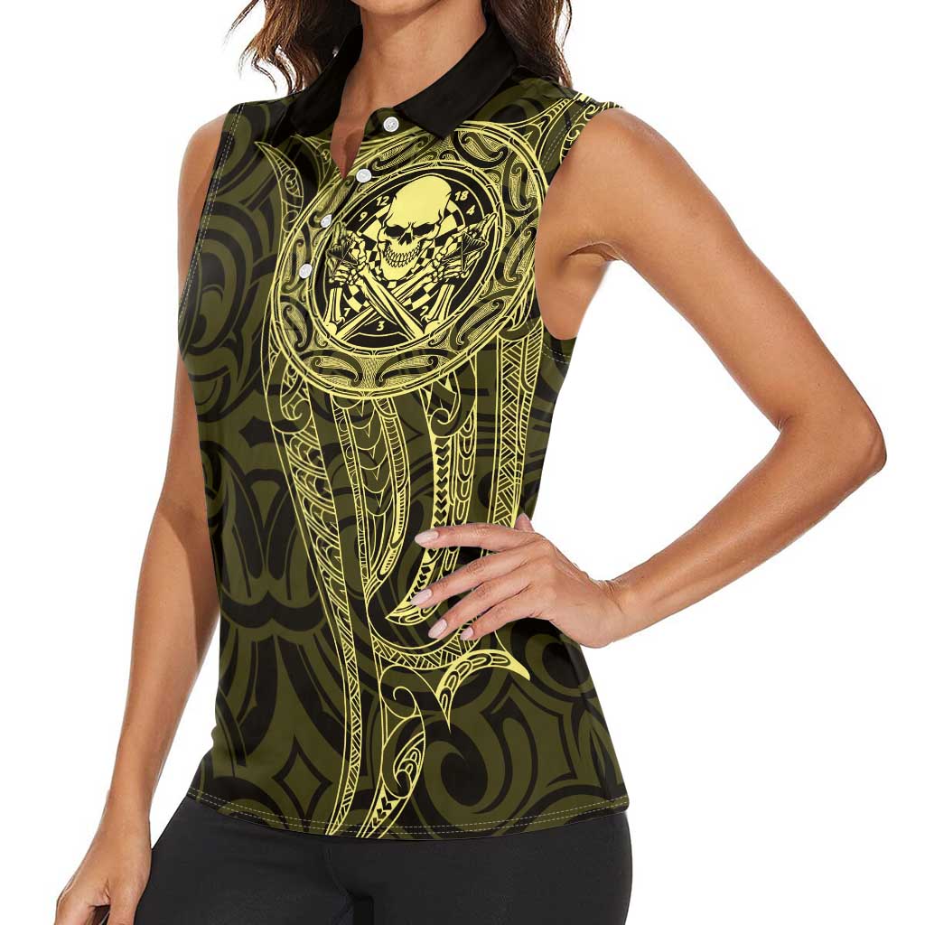 New Zealand Skull Darts Women Sleeveless Polo Shirt Aotearoa Maori Chest Tattoo Stylized Gold - Aussie Hoodie