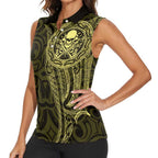 New Zealand Skull Darts Women Sleeveless Polo Shirt Aotearoa Maori Chest Tattoo Stylized Gold - Aussie Hoodie